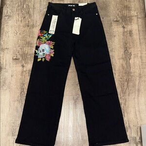 Sky Women's Black Flare Jeans with Skull and Floral Embroidery